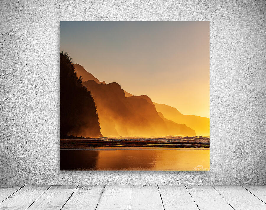 Misty sunset on Na Pali coastline Wall Preview