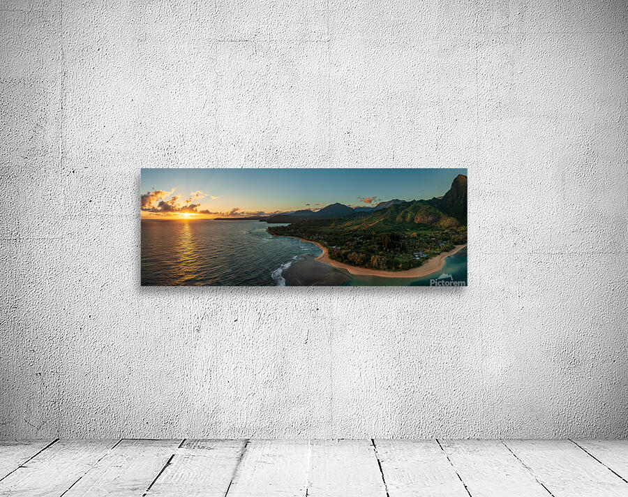Aerial panorama of sunrise over Tunnels Beach Kauai Hawaii Wall Preview