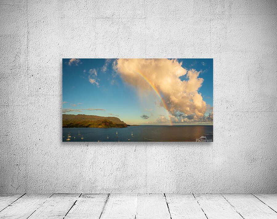 Rainbow over Hanalei bay in panorama across the ocean Wall Preview