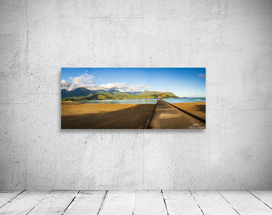 Panorama of the sandy beach and Hanalei Pier at sunrise Wall Preview