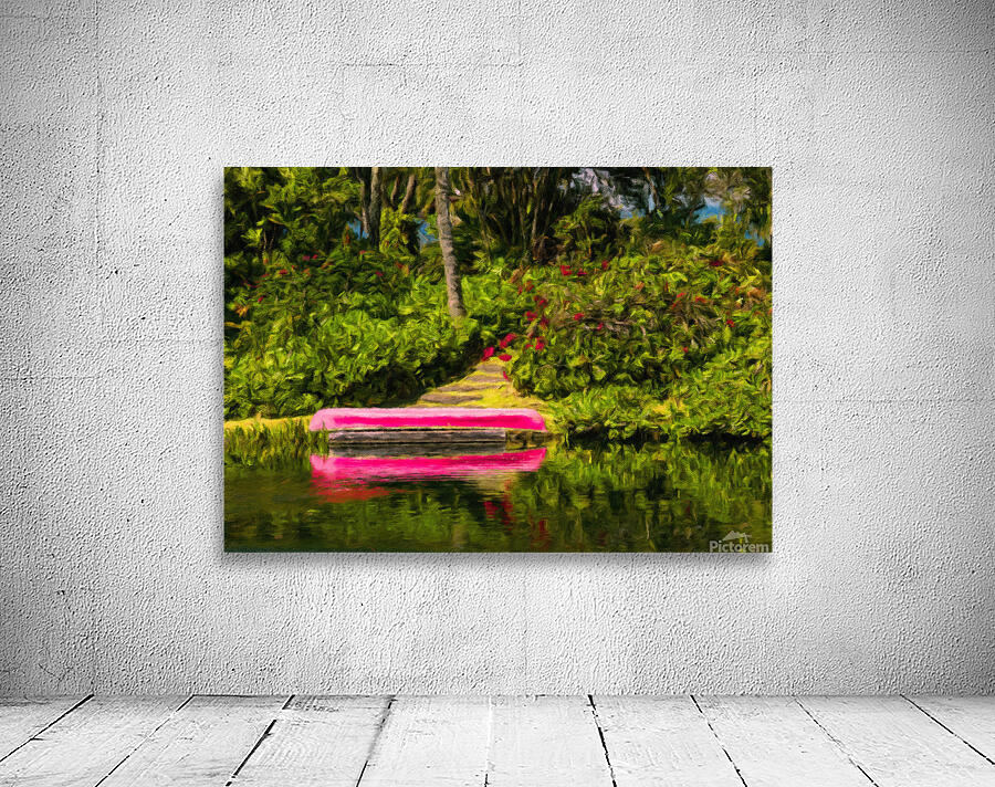 Red canoe on dock reflecting into calm lake in oil painting Wall Preview