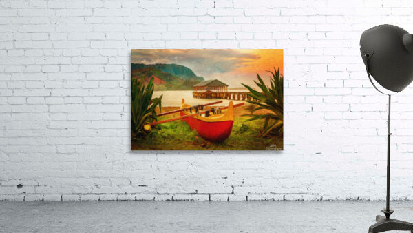 Painting of Hawaiian canoe by Hanalei Pier Wall Preview