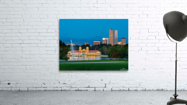 Skyline of Denver at dawn from City Park with boathouse Wall Preview