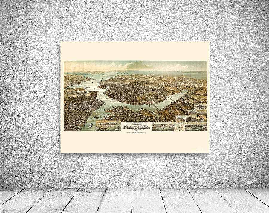 Restored birds eye panorama of Norfolk VA in 1892  Wall Preview