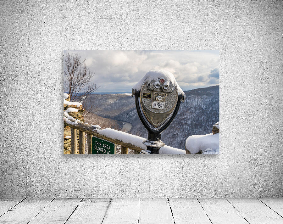 Binoculars on Coopers Rock overlook on snowy day Wall Preview