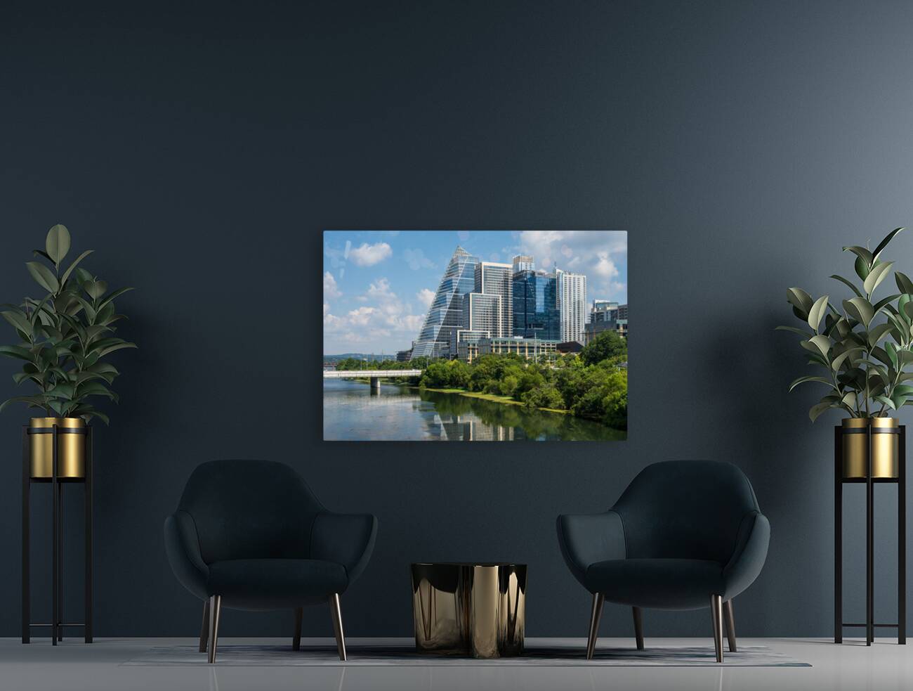 Cityscape of apartments in Austin Texas across Lady Bird Lake Reproduction