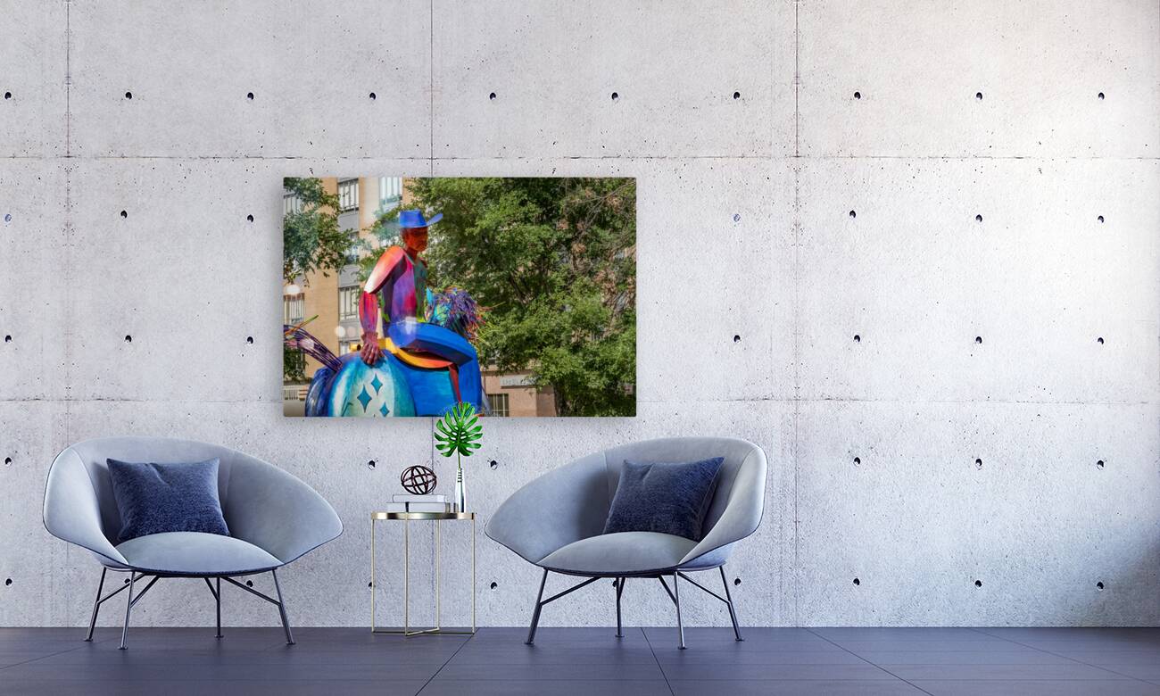 Tracking the end of the rainbow scuplture of cowboy on horse in  Reproduction