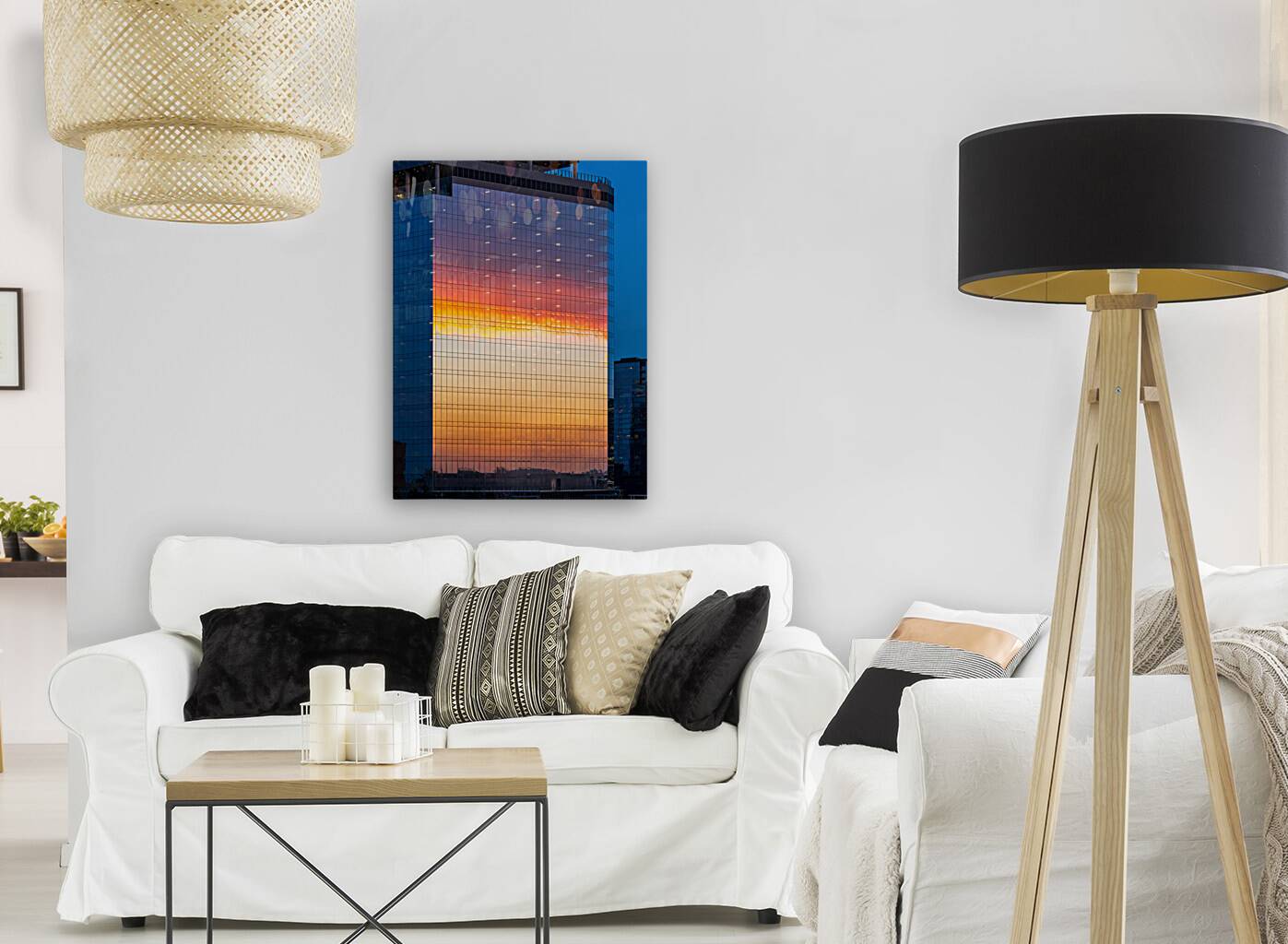 Brilliant sunset reflected in the glass of new office building Reproduction