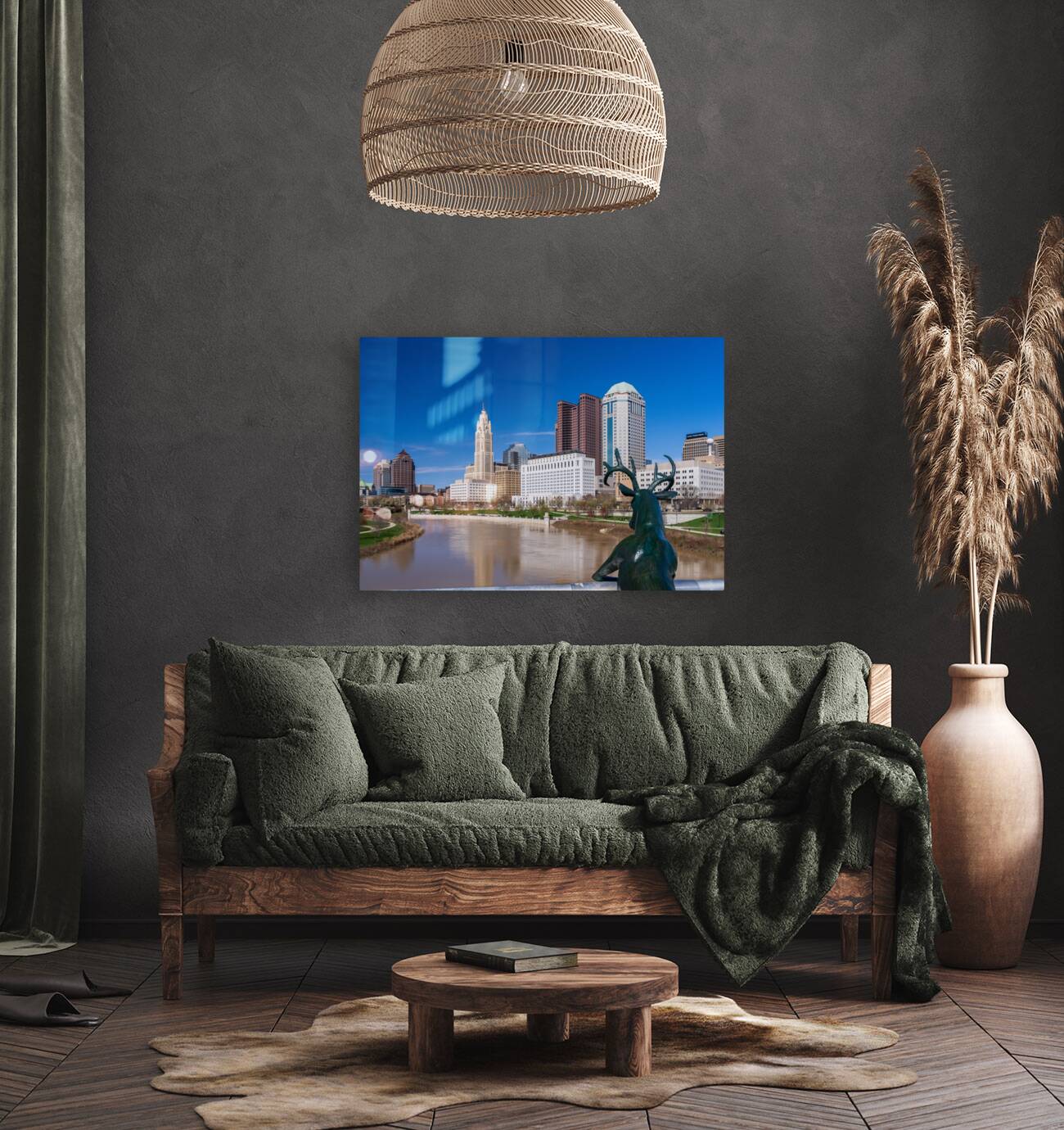 Scioto Lounge statue by waterfront looking at Columbus skyline Reproduction