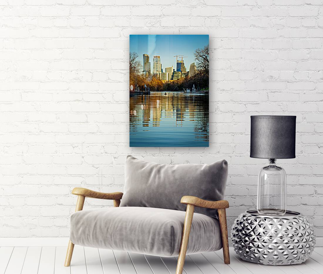 Cityscape of downtown Austin from Barton Springs Pool on New Yea Reproduction
