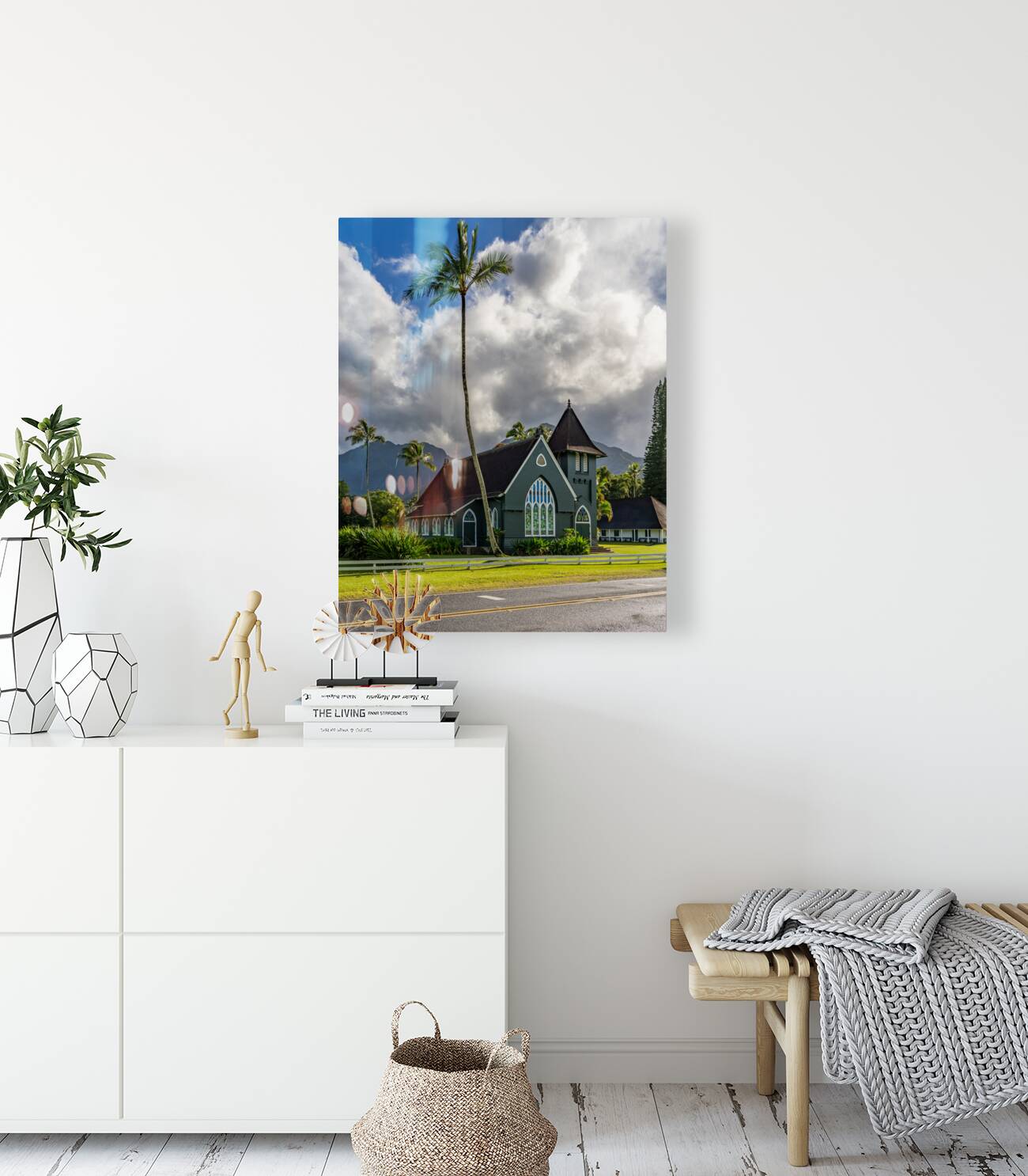 Waioli Huiia Church stands in Hanalei Kauai with waterfalls in Reproduction