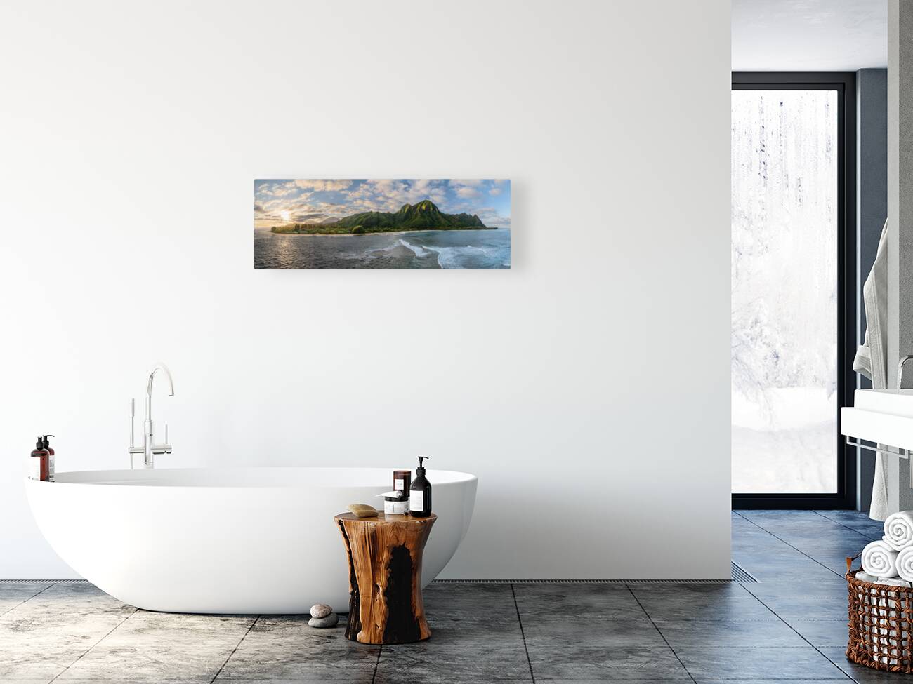 Panorama of Tunnels Beach at sunset in Kauai Hawaii with st Reproduction