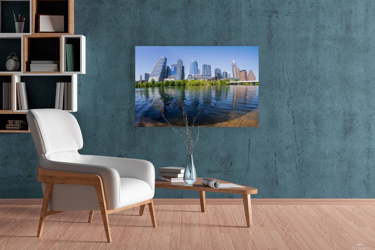 Fisheye lens view of Austin skyline including Lady Bird Lake Reproduction