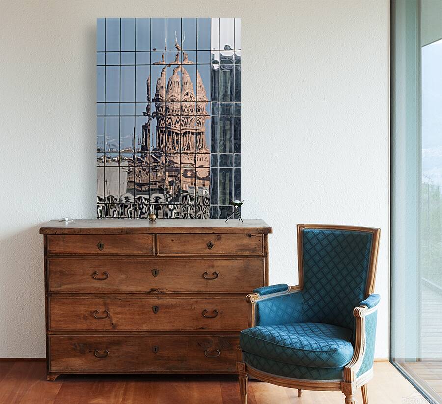 Intricate reflections of the Texas state capitol building on a s Reproduction