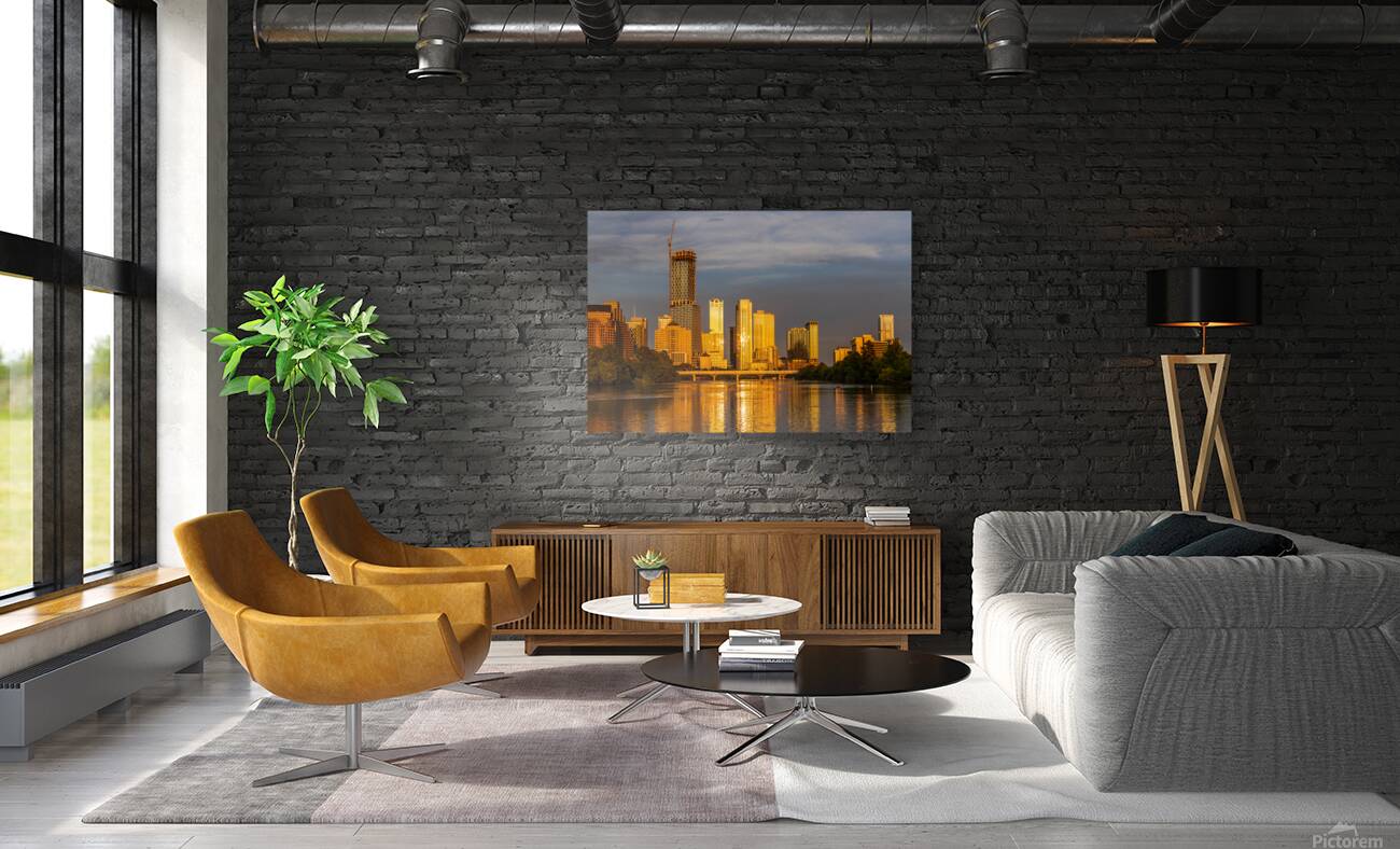 Waterline dominates city skyline of Austin Texas at sunset in 20 Reproduction