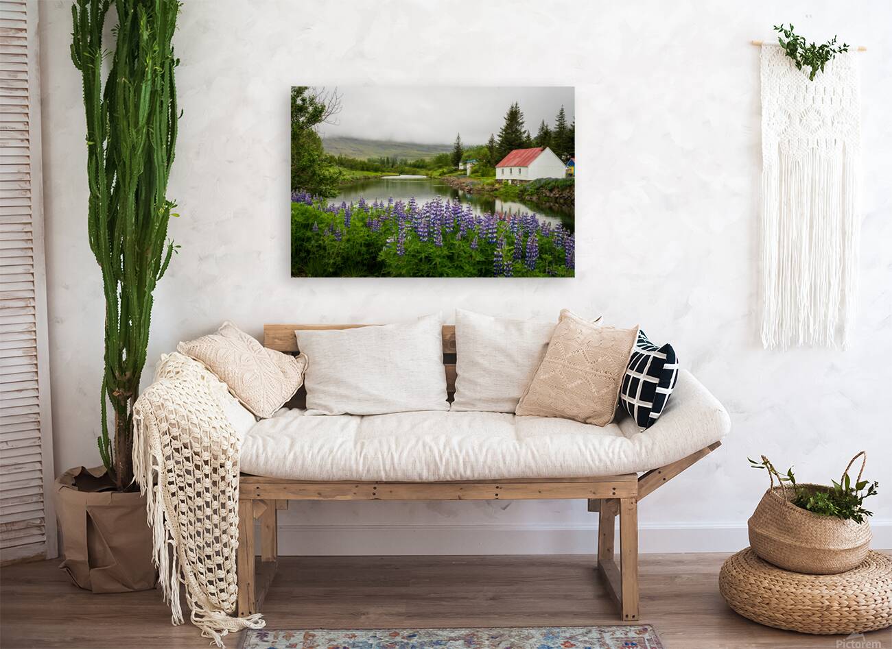 Peaceful scene in Seydisfjordur of river flowing from misty moun Reproduction