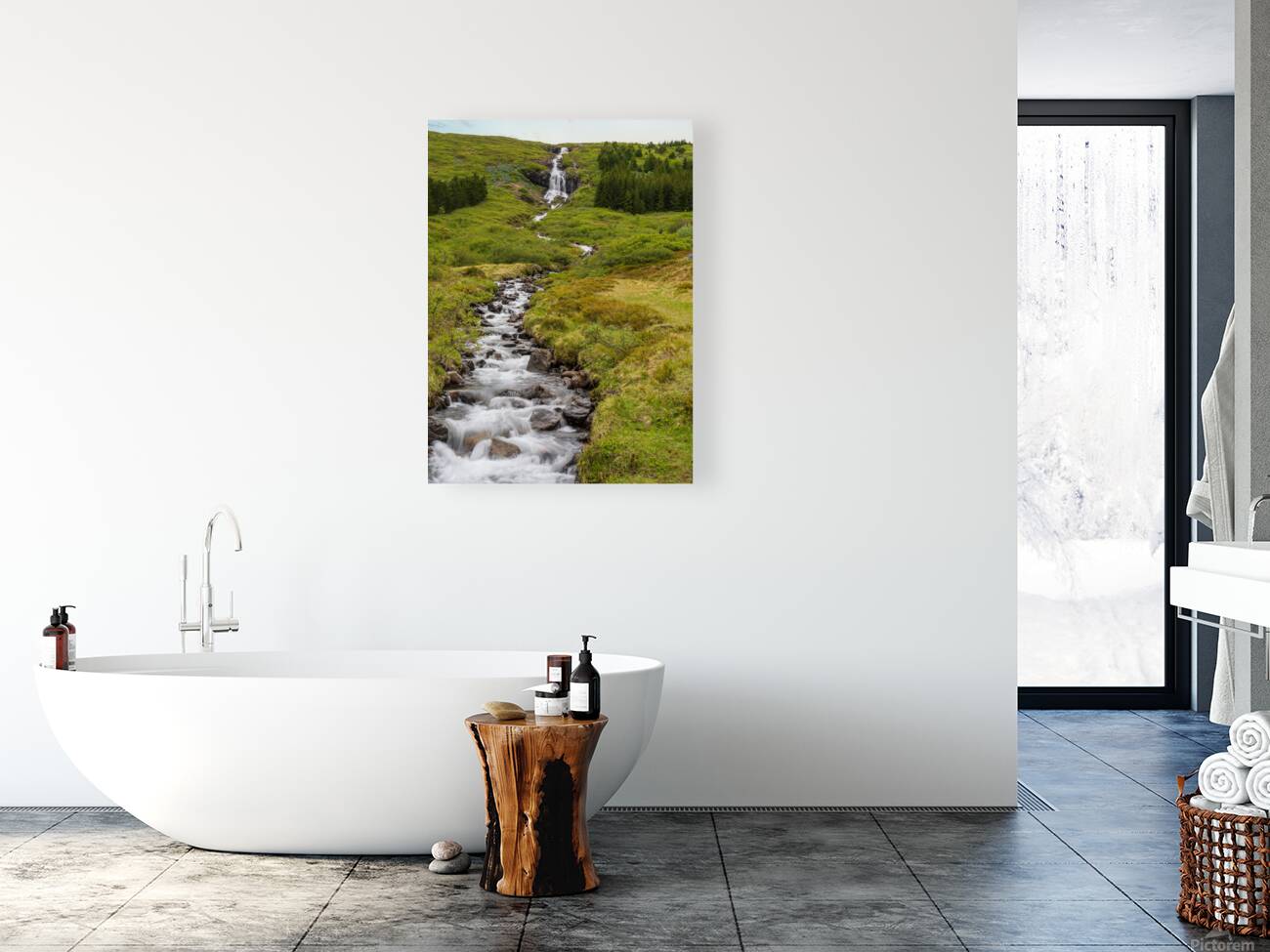 Waterfall in Tunhudalur valley near Isafjordur Iceland with lupi Reproduction