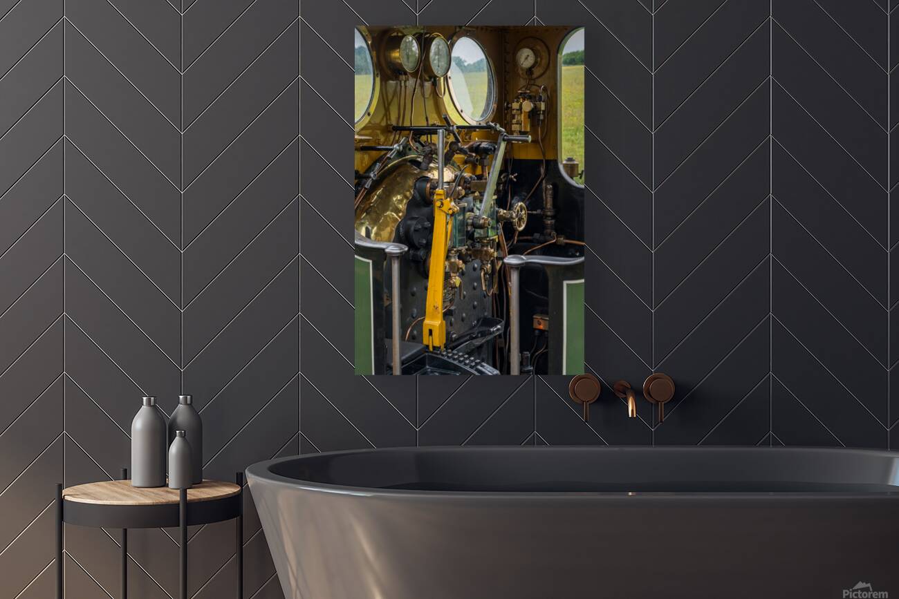 Detail of the driver cabin and controls on an old steam locomoti Reproduction