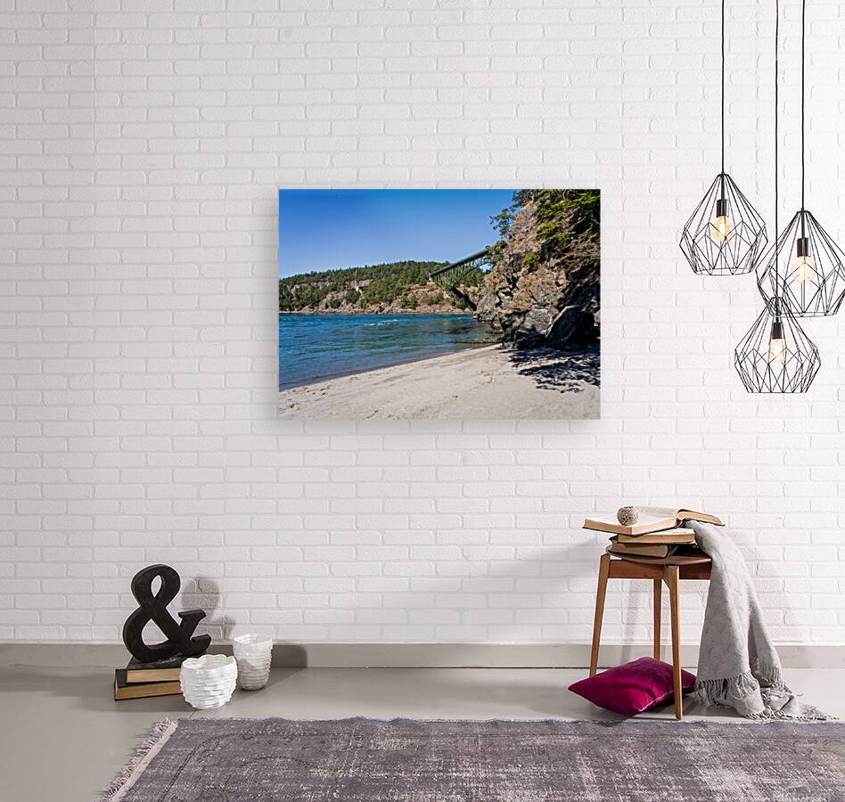 Turbulent water of Deception Pass under historic cantilevered br Reproduction