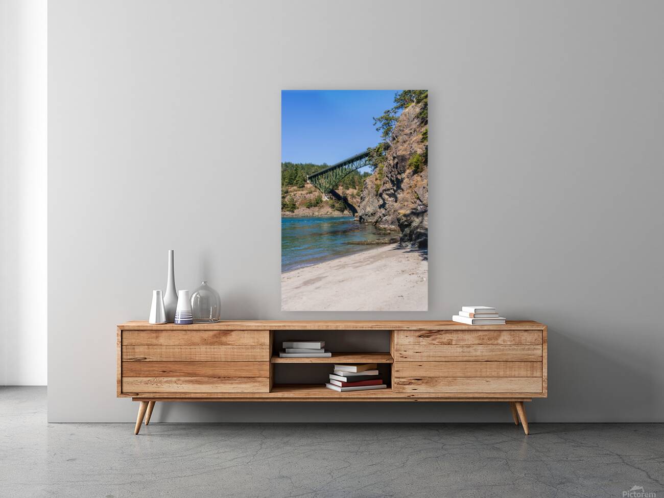 Turbulent water of Deception Pass under historic cantilevered br Reproduction