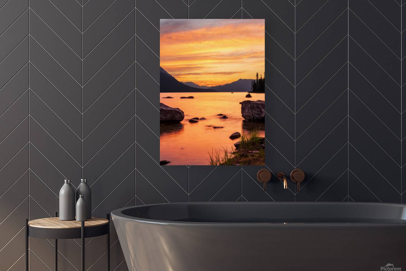 Vibrant sunset over Lake Wenatchee in the Cascade Mountains WA Reproduction