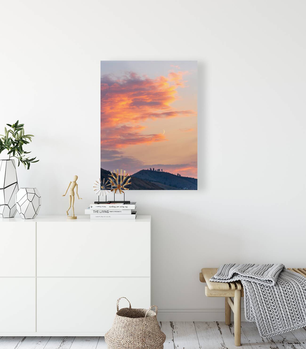 Fiery sunset clouds enveloping the new crescent moon over Lake C Reproduction