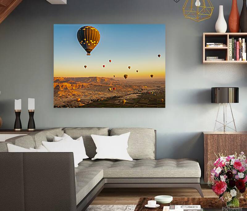 Hot air balloons in sunrise flight over Valley of the Kings in L Reproduction