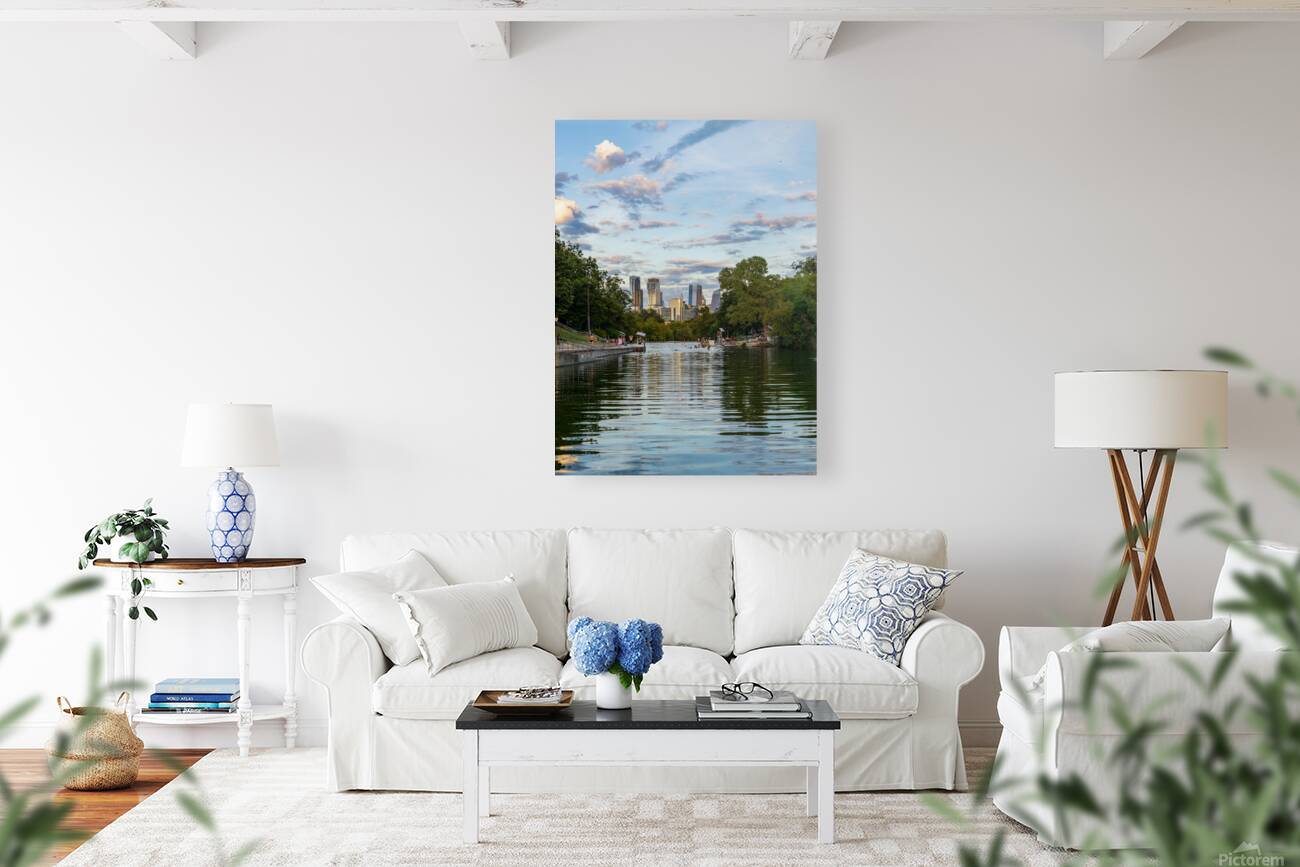 View of the Austin skyline at sunset over Barton Springs swimmin Reproduction