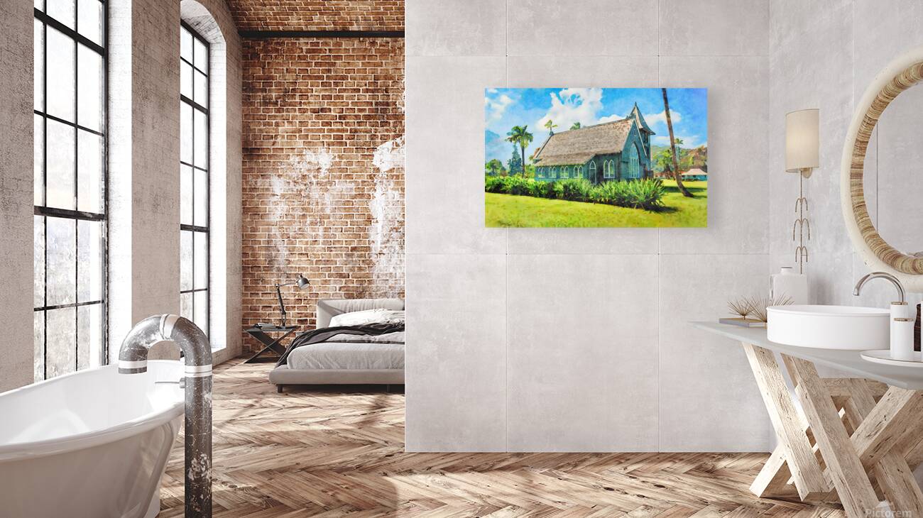 Watercolor painting of Mission or Green Church in Hanalei Kauai Reproduction