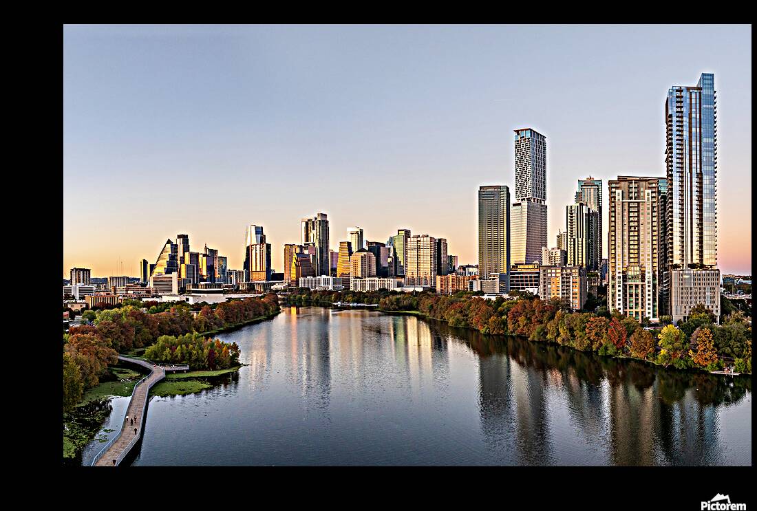 Water level view of downtown Austin Skyline from Lady Bird Lake Reproduction