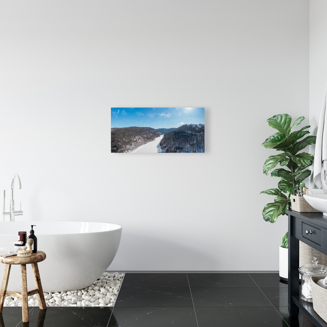 Aerial view up the frozen Cheat River in Morgantown WV Reproduction