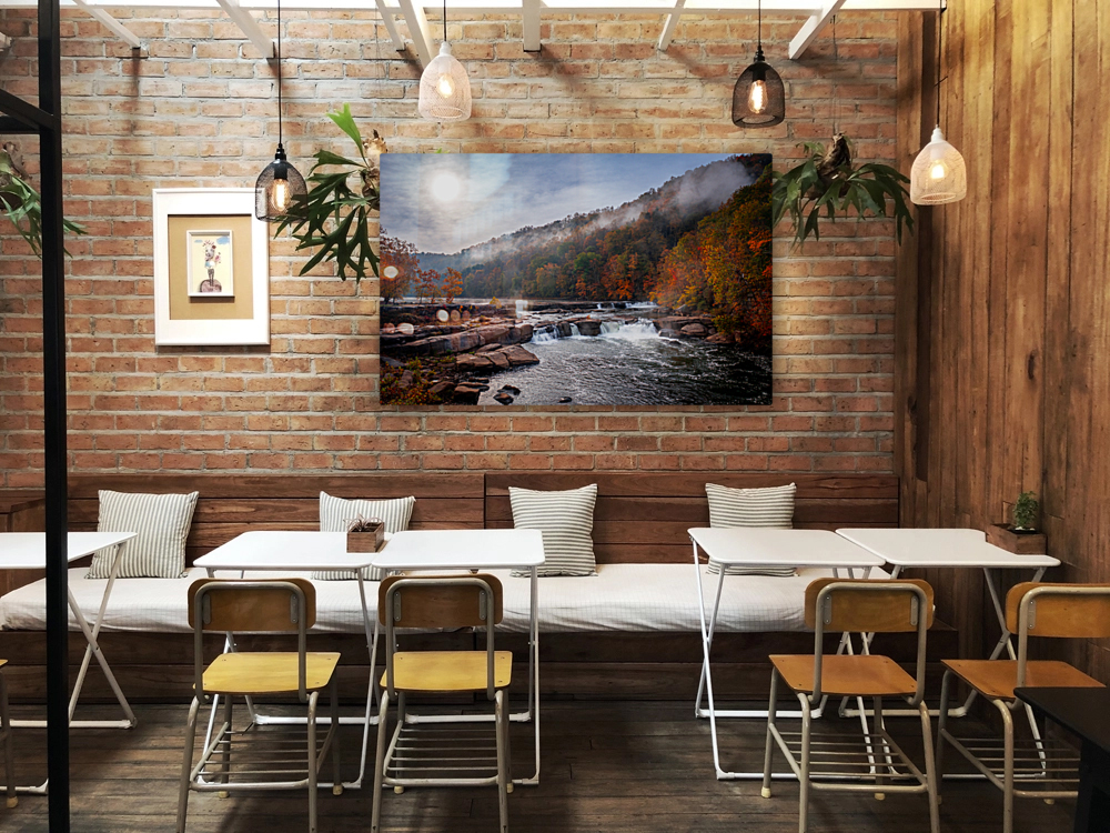 Sun rising over Valley Falls on a misty autumn day Reproduction