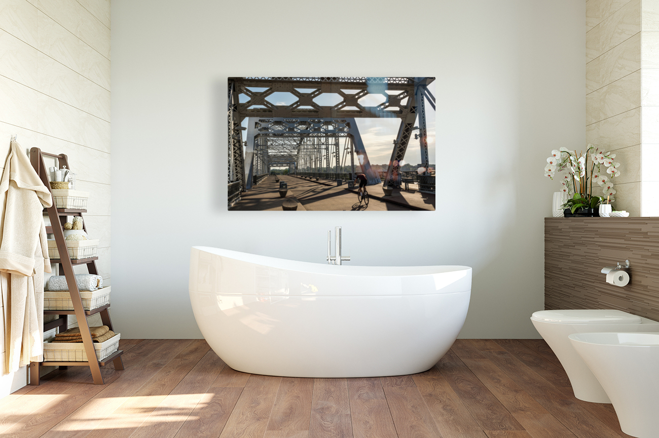 Cyclist on John Seigenthaler pedestrian bridge or Shelby street crossing Reproduction