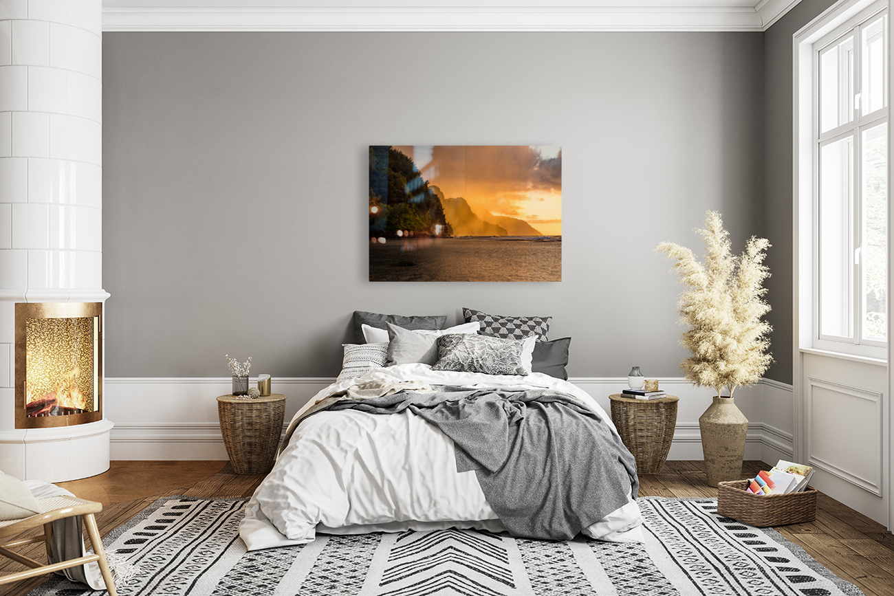 Sunset over the receding mountains of the Na Pali coast of Kauai Reproduction