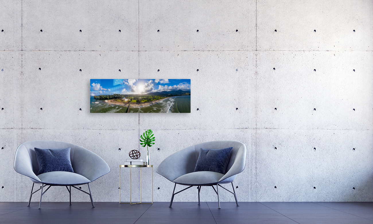 Aerial drone shot of Hanalei bay from over the pier Reproduction