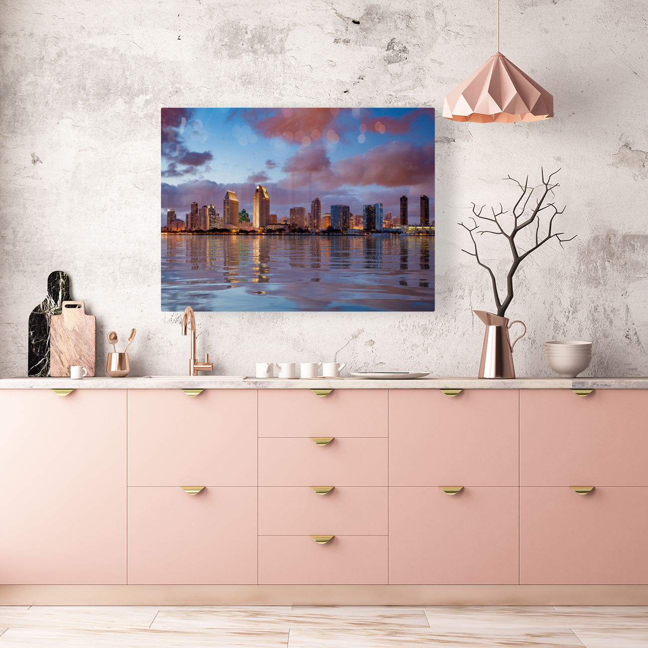 San Diego skyline at dusk reflected in sea Reproduction