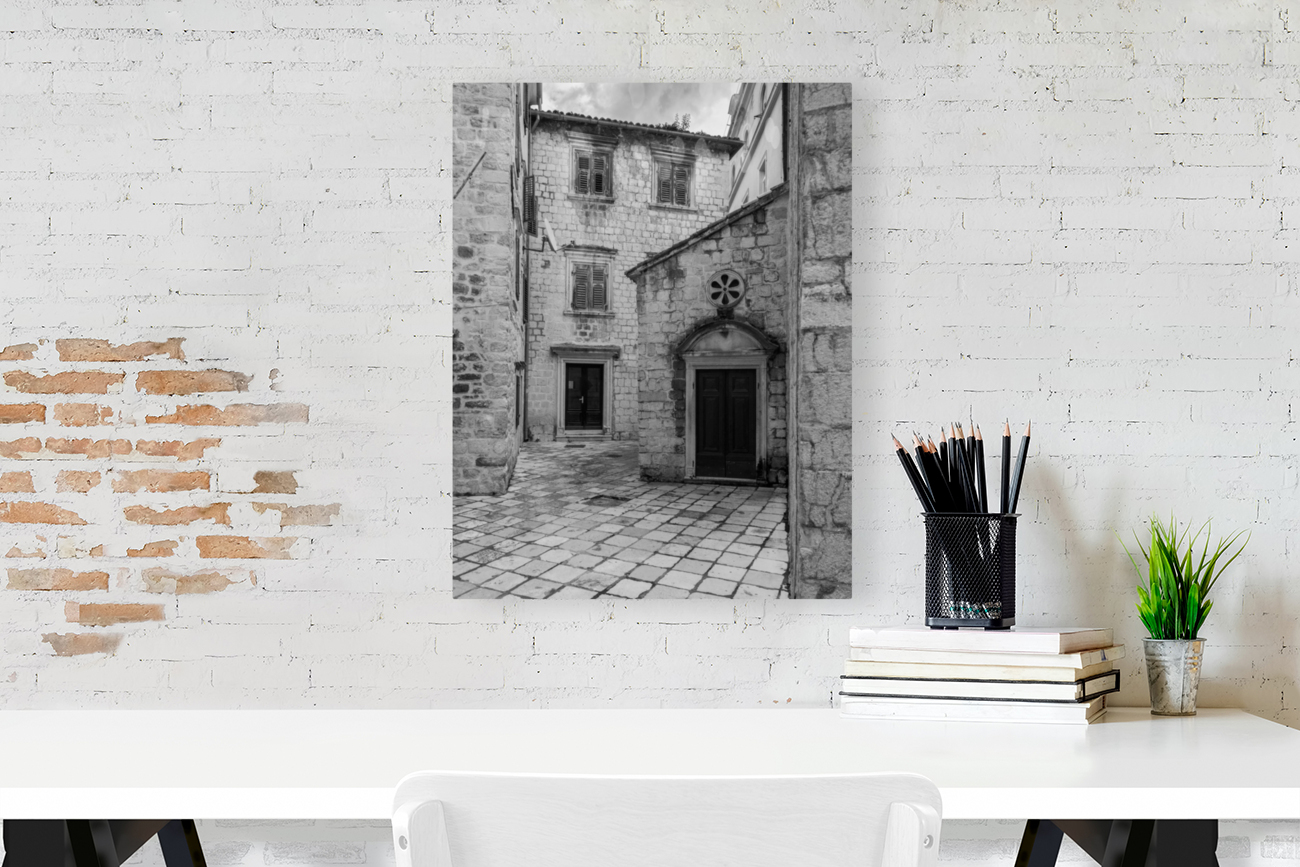 Narrow streets in Kotor in black and white Reproduction