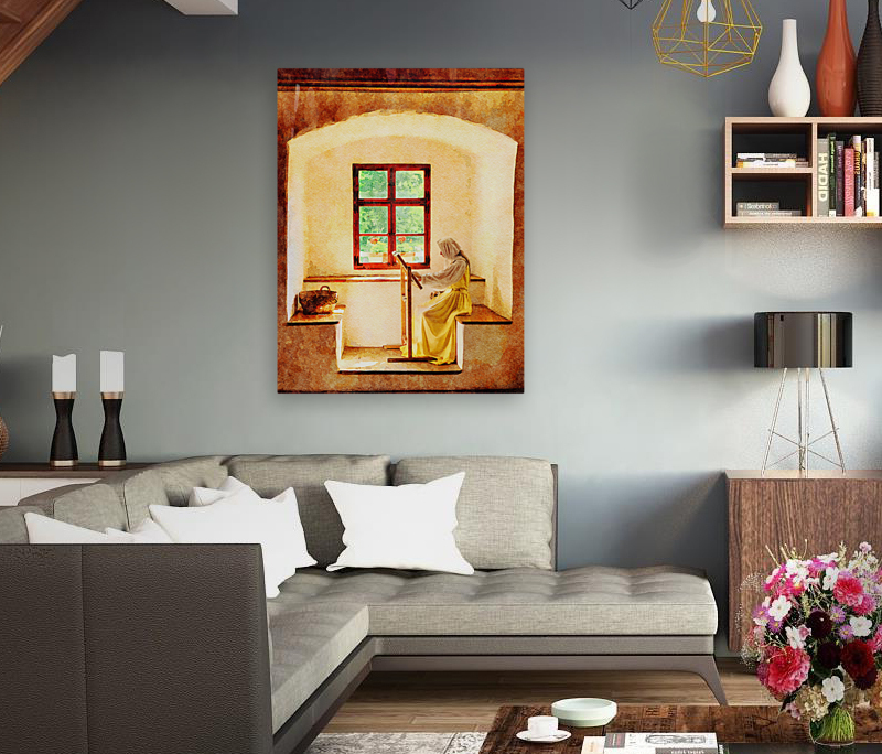 Water color of woman working on embroidery Reproduction