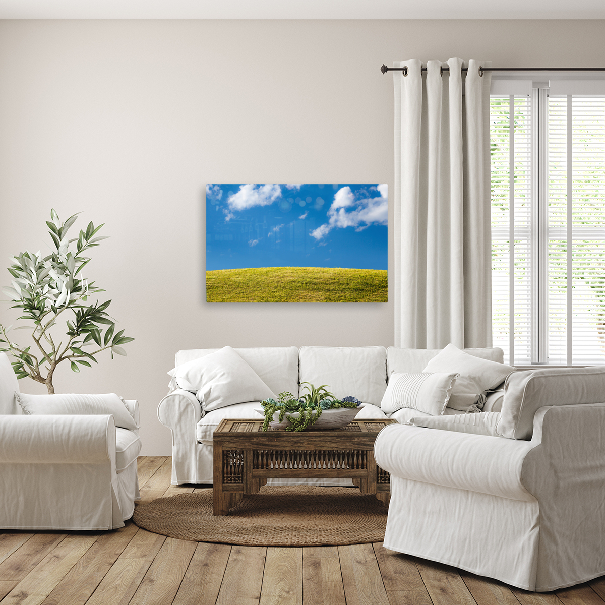 Green grassy lawn with blue sky and clouds Reproduction