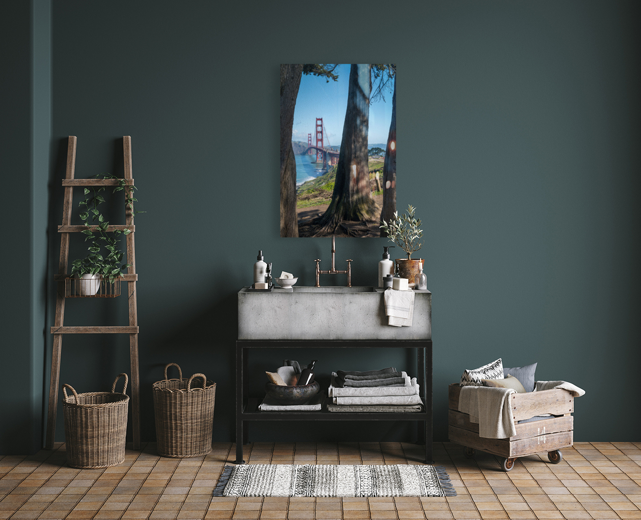 Golden Gate Bridge and tree trunks Reproduction