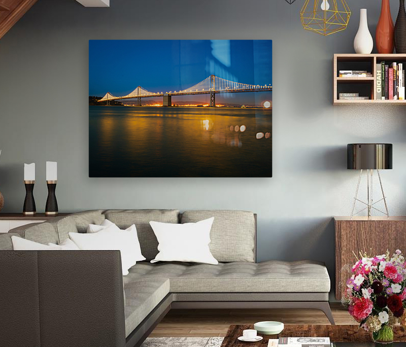 San Francisco Bay bridge illuminated at night Reproduction
