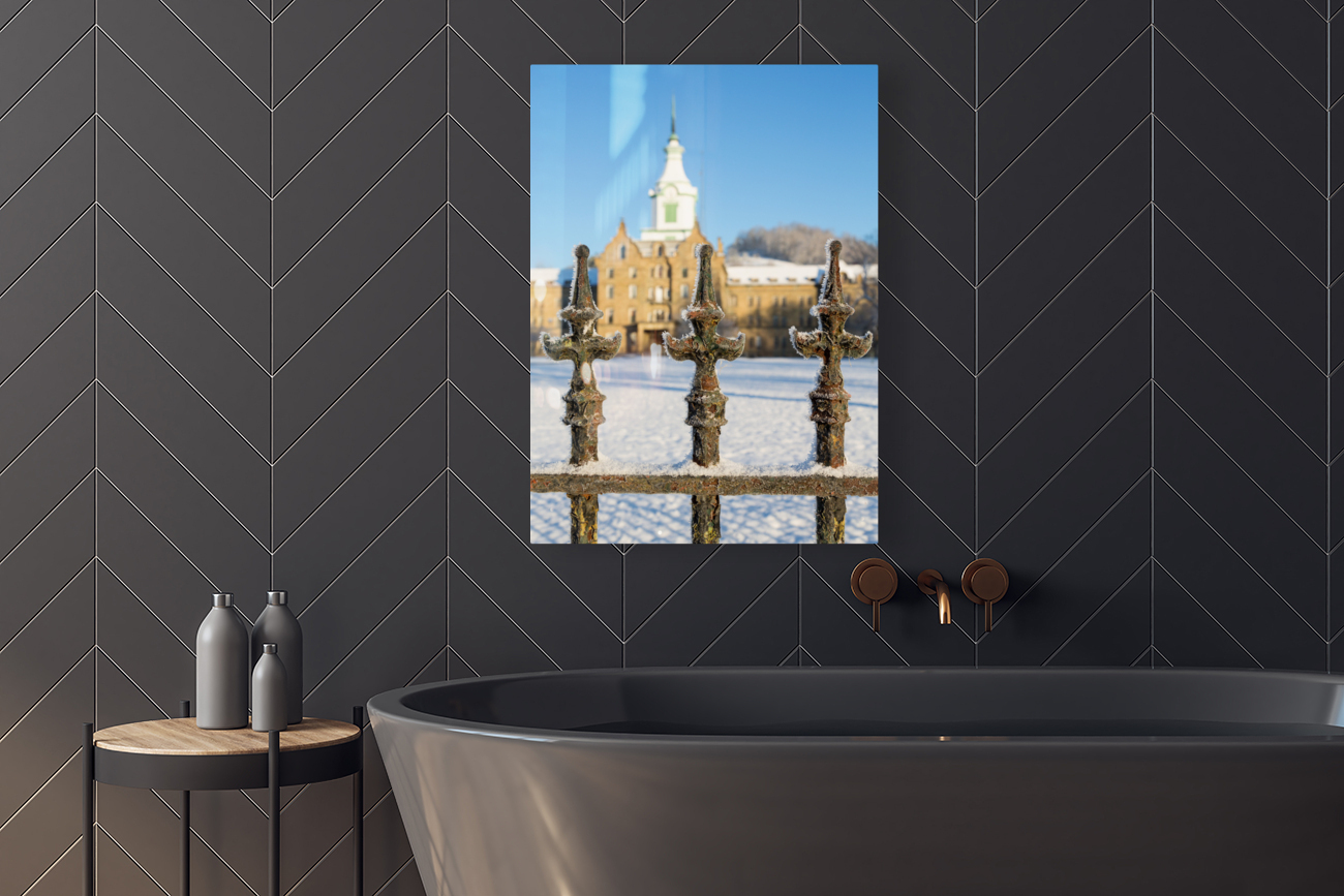 Railings in snow outside Weston Asylum Reproduction