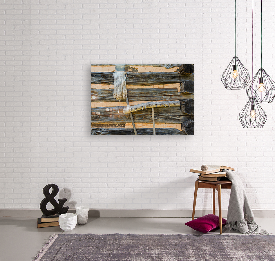 Old rake and mop against log cabin Reproduction