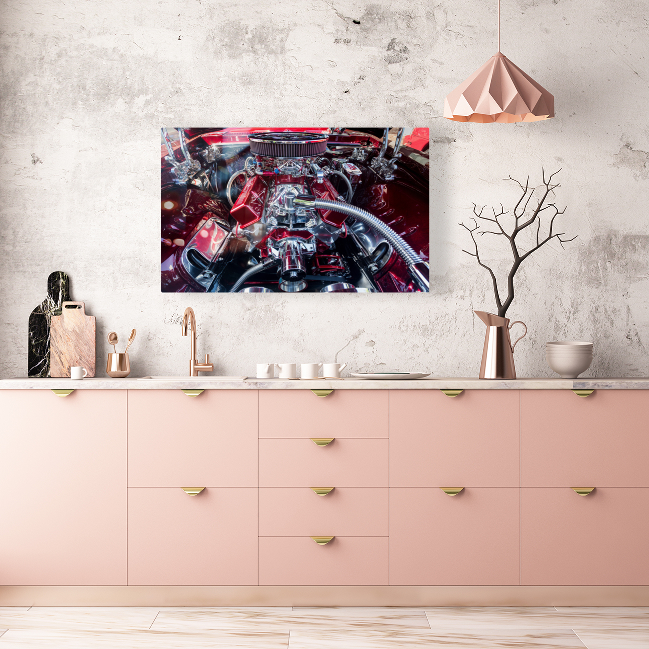 Engine compartment of chromed Camaro Reproduction