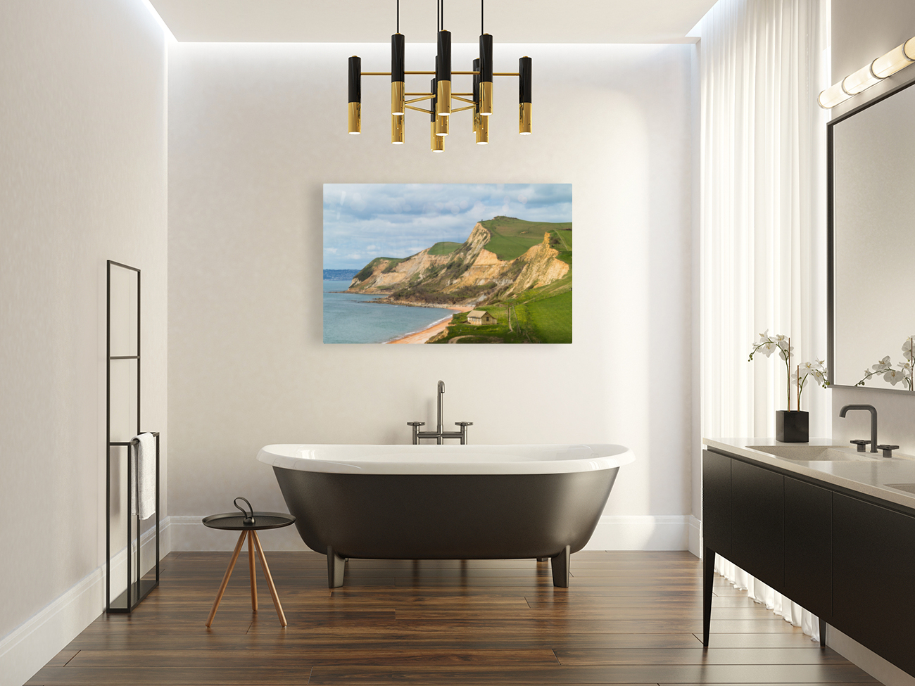 Cottage by cliffs at West Bay Dorset in UK Reproduction