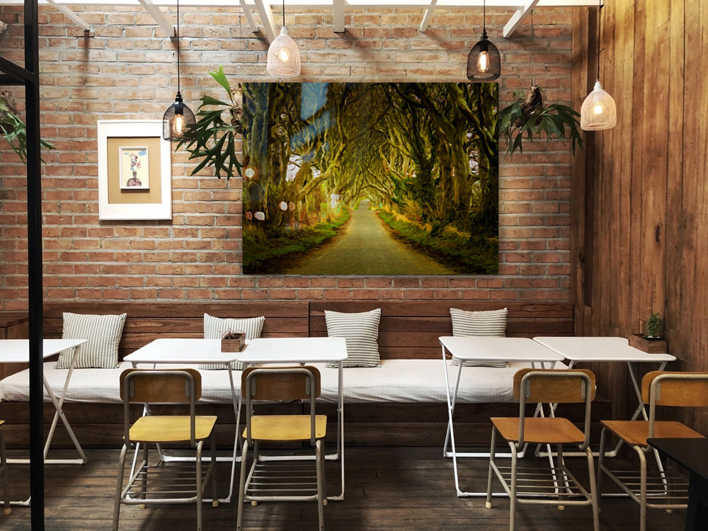 Dark Hedges road through old trees in digital oil Reproduction