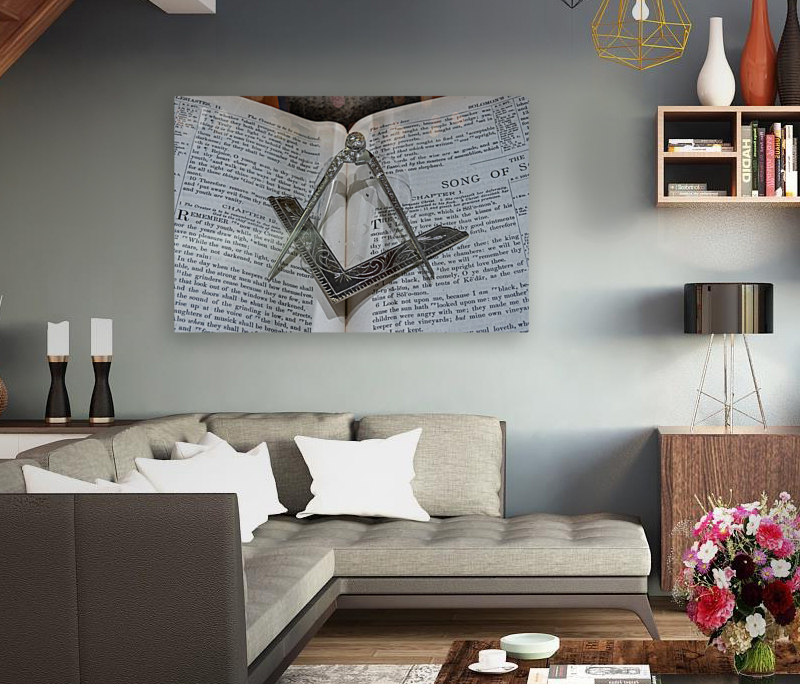 Silver square and compass on Bible for Freemasons Reproduction