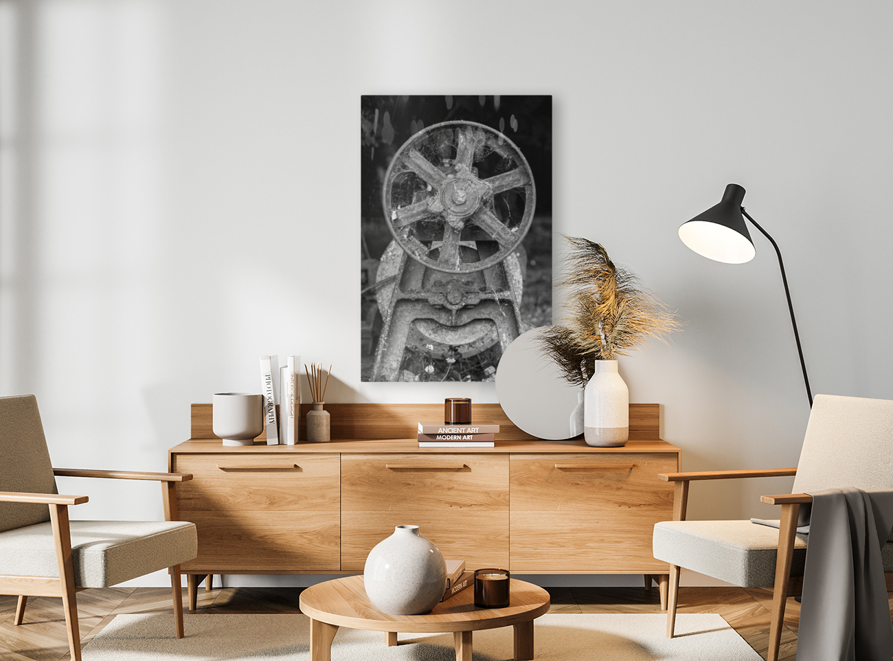 Rusty farm machinery with flywheel Reproduction