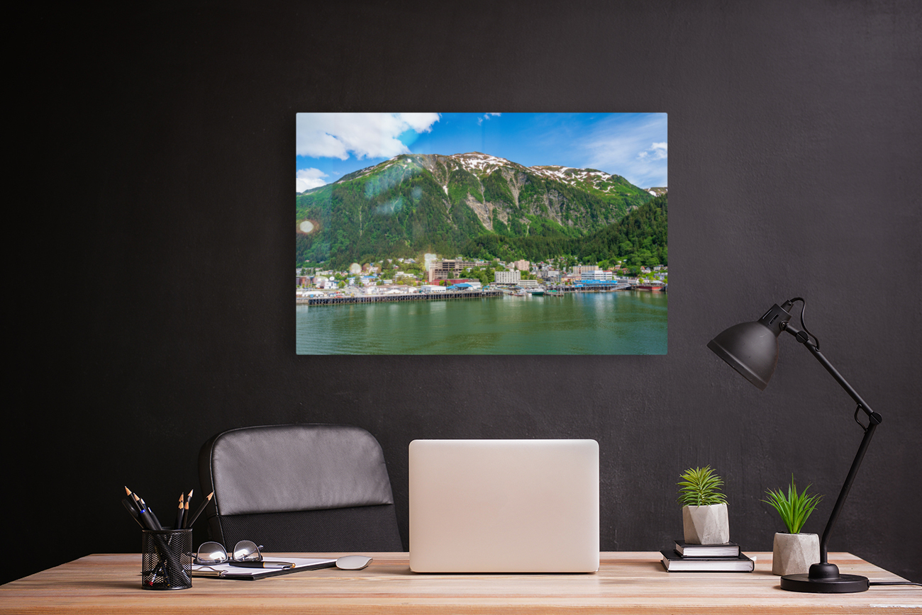 City of Juneau in Alaska seen from the water in the port Reproduction