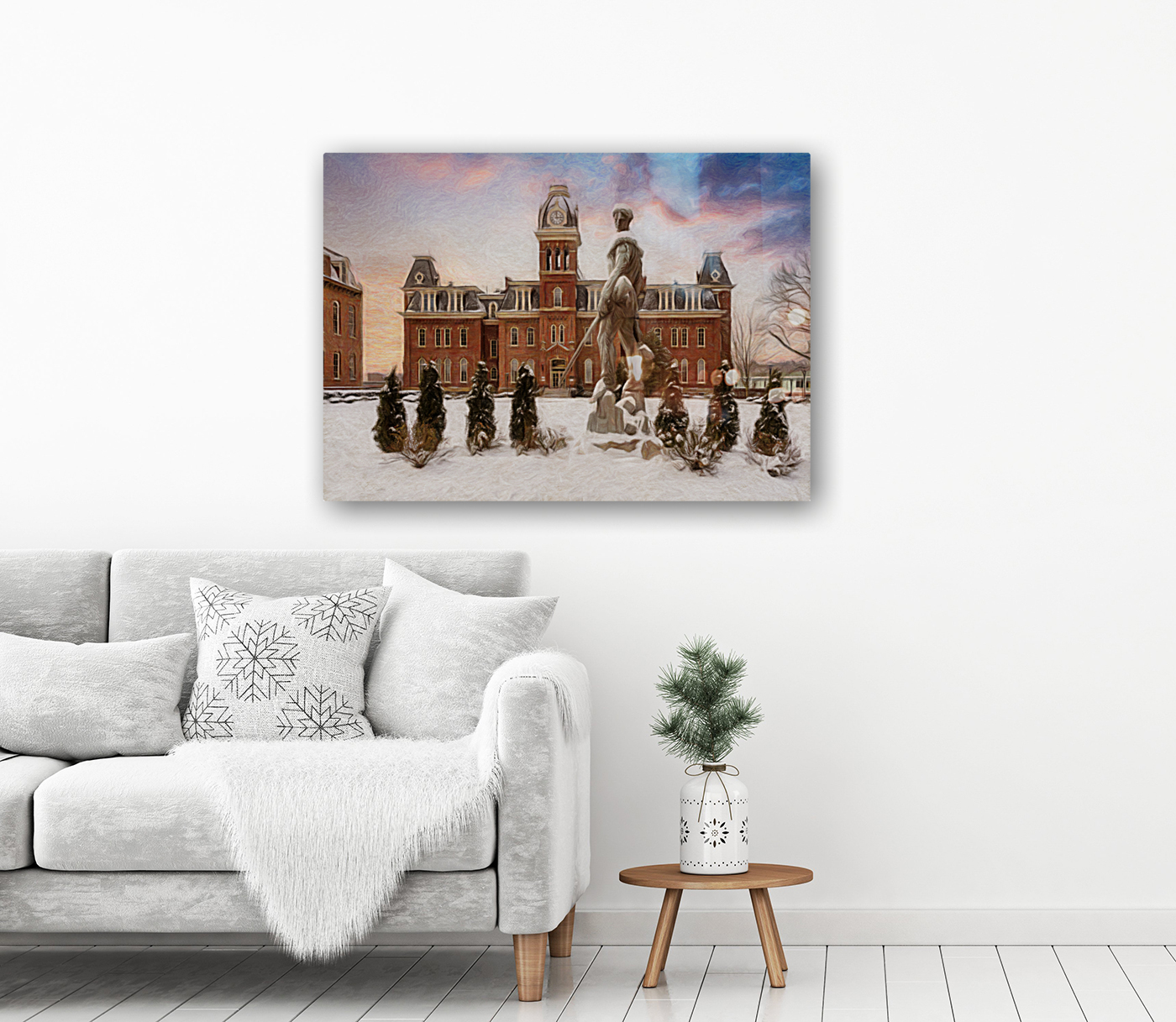 Pastel Mountaineer statue against Woodburn Hall Reproduction